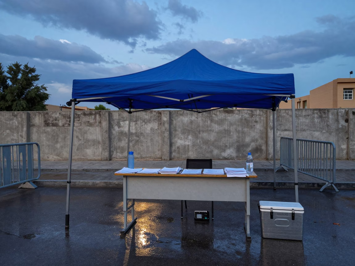 Blue Tarp Legal Aid Table at Shiraz Courthouse in along barricaded protest routes in Shiraz