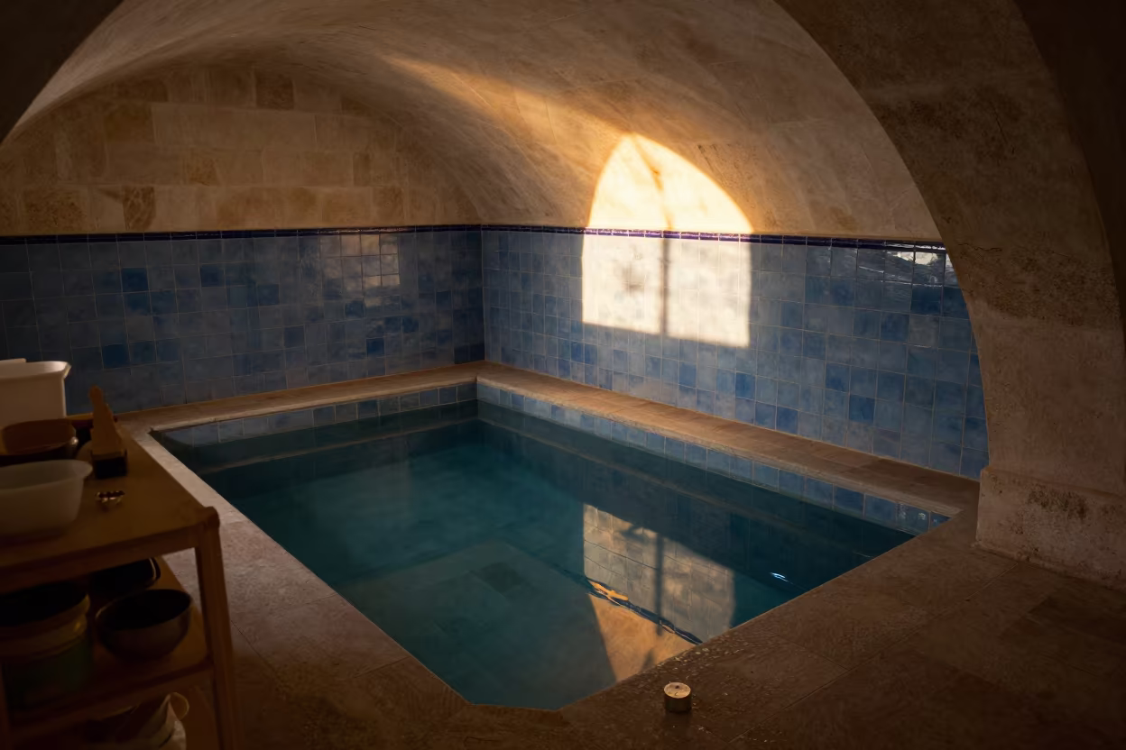 Blue Tile Mikveh Pool Sunset Reflections in on a workshop shelf near Syracuse