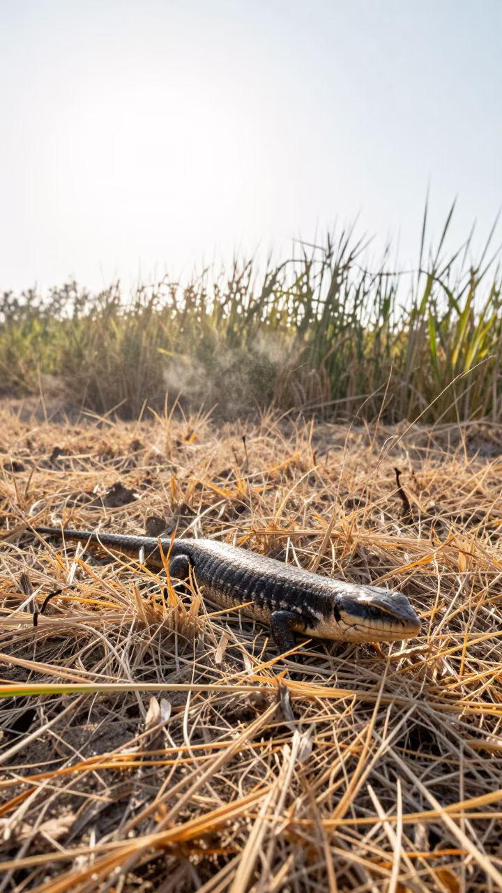 Blue-tongued Skink in Dry Grass Near Damascus in at the edge of a reed bed near Damascus