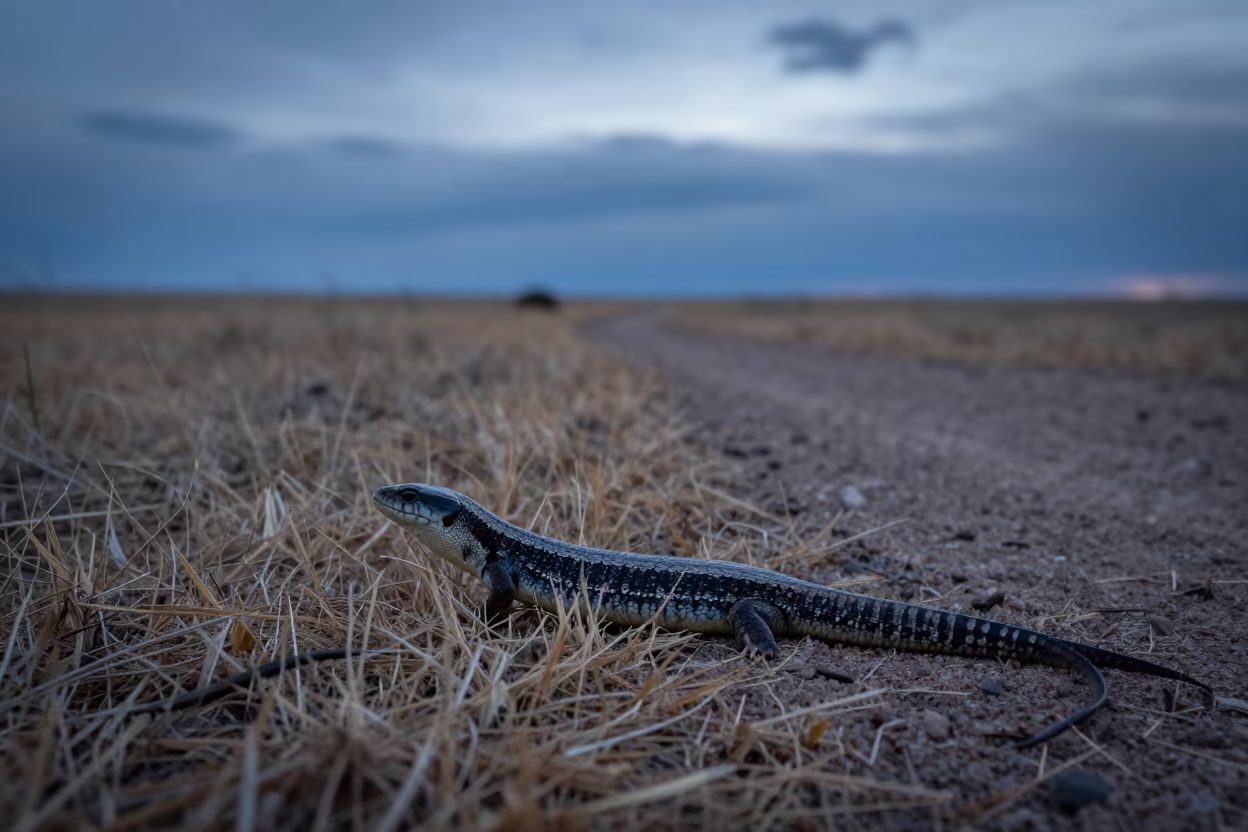 Silhouetted Blue-Tongued Skink in New Mexico Grass in along a game trail in New Mexico