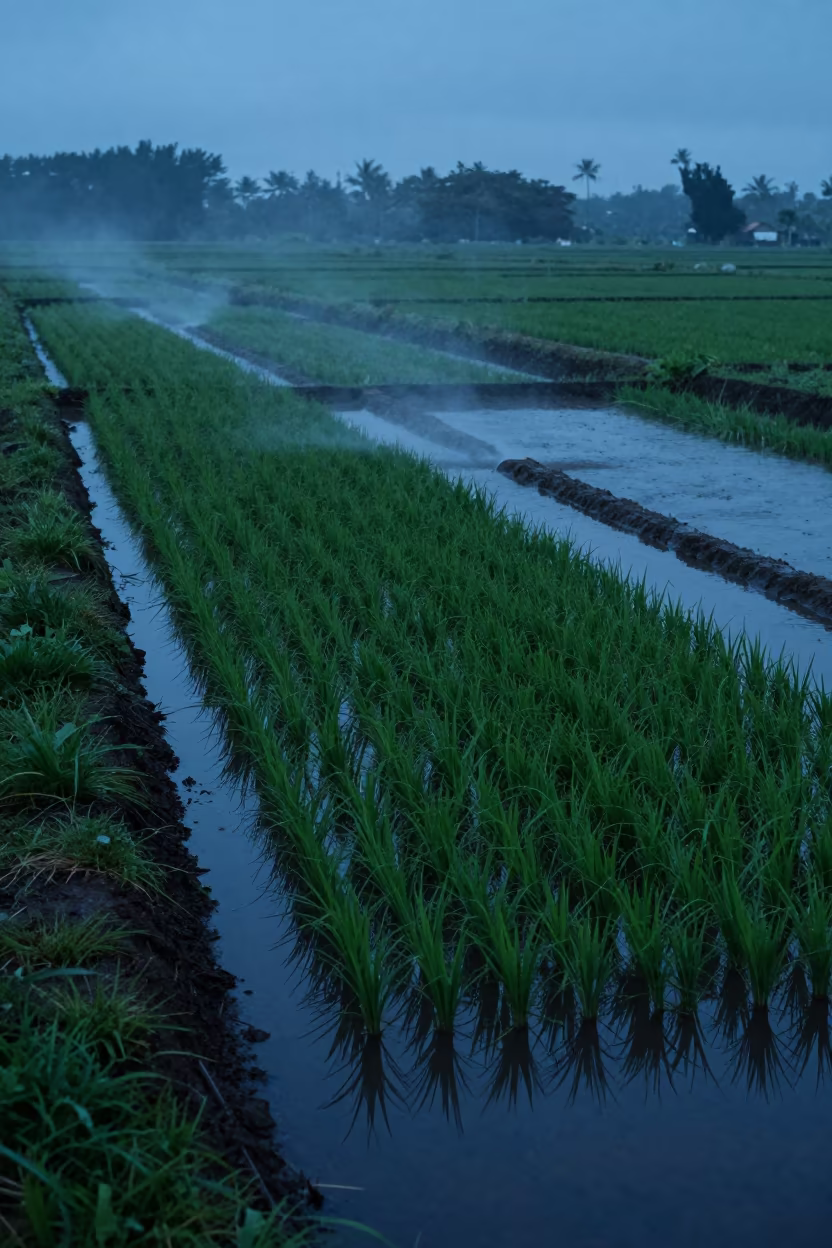 Blue Twilight Irrigation Canals Hawaii Rice Paddies in along freshly irrigated rows in Hawaii