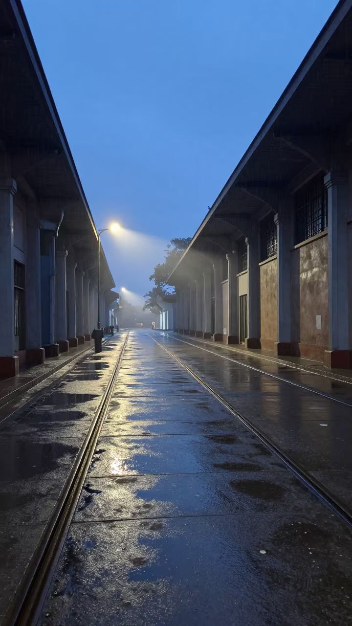Blue Twilight Wet Tracks Monsoon Passageway Bafoussam in inside a skylit passageway in Bafoussam