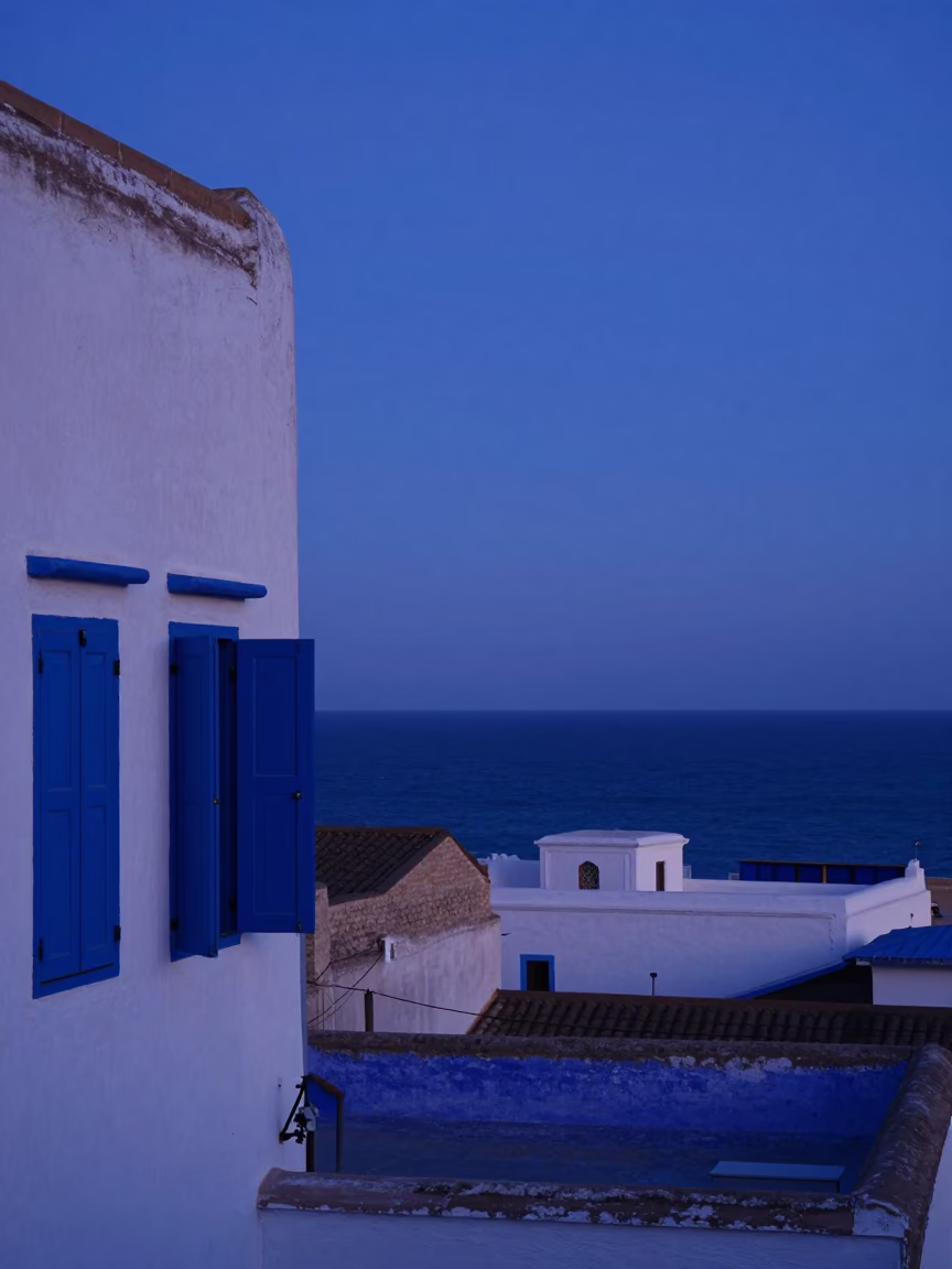 Blue-Washed Rooftop in Essaouira at The Still Hours Before Dawn Light in in Essaouira, Morocco