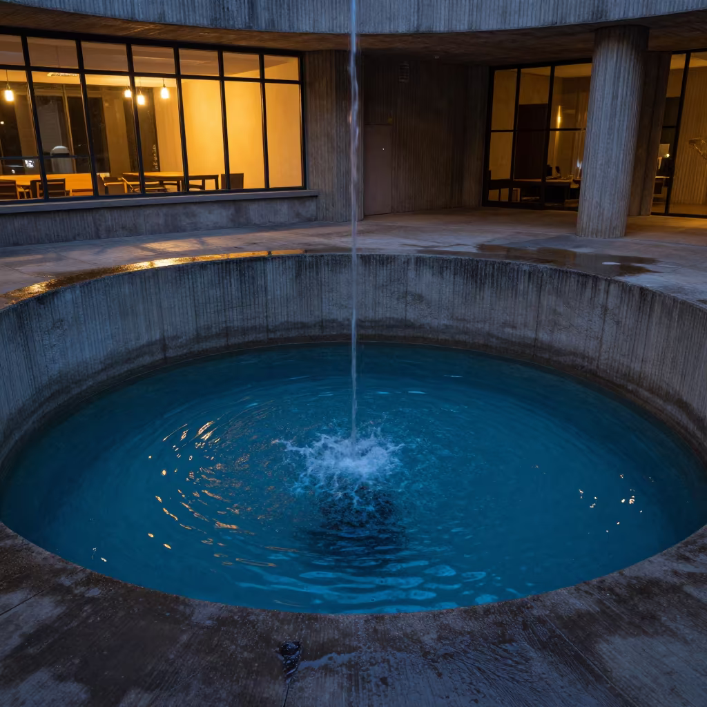 Blue Water Vortex Draining in Concrete Lobby in inside a ribbed concrete lobby in Durrës