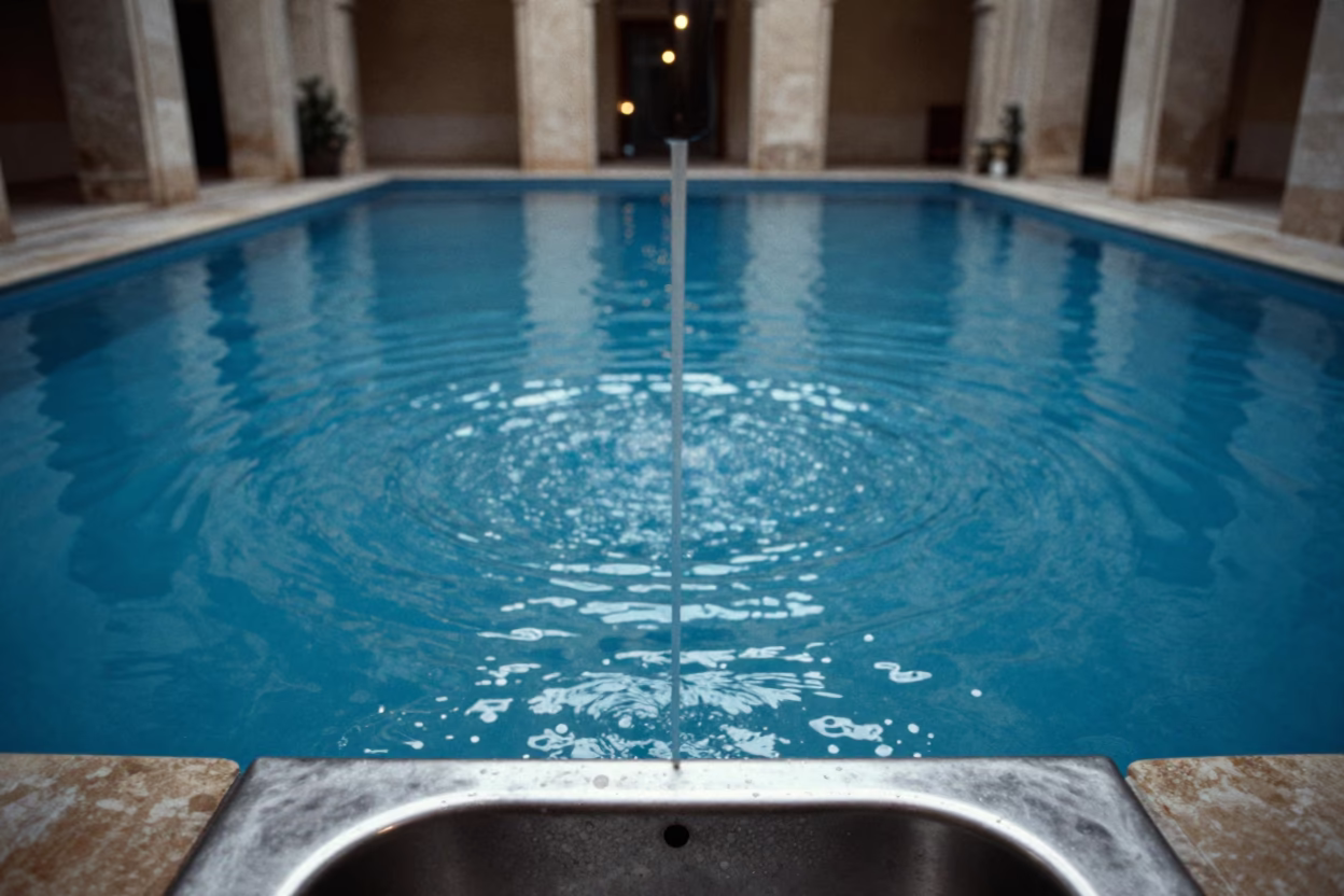 Blue Water Vortex Draining in Palermo Atrium in inside a vaulted atrium in Palermo