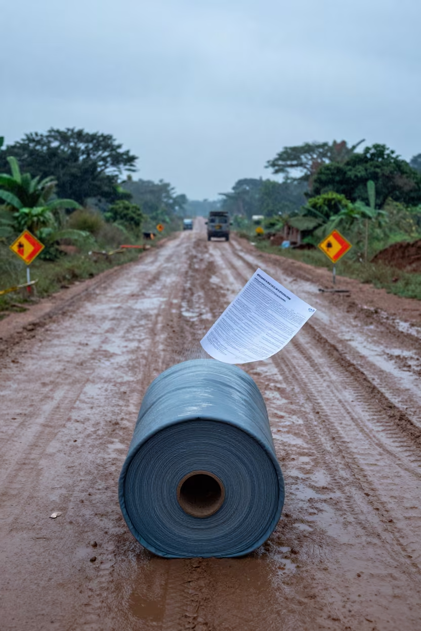 Blue Weld Blanket Roll at CAR Construction Site Dawn in at a muddy site access road in Central African Republic