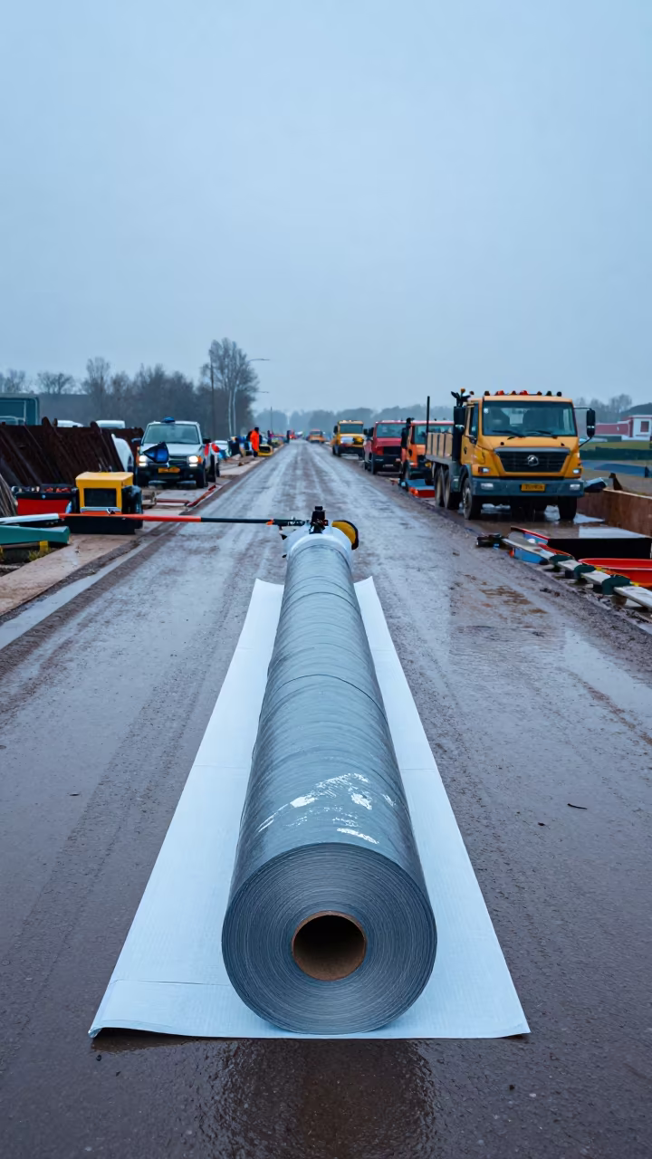 Blue Weld Blanket Roll on Delft Dawn Rain Road in at a muddy site access road in Delft