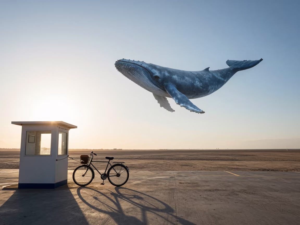 Blue Whale Flying Over Ferry Kiosk at Dawn in across a remote ferry crossing in Valencia