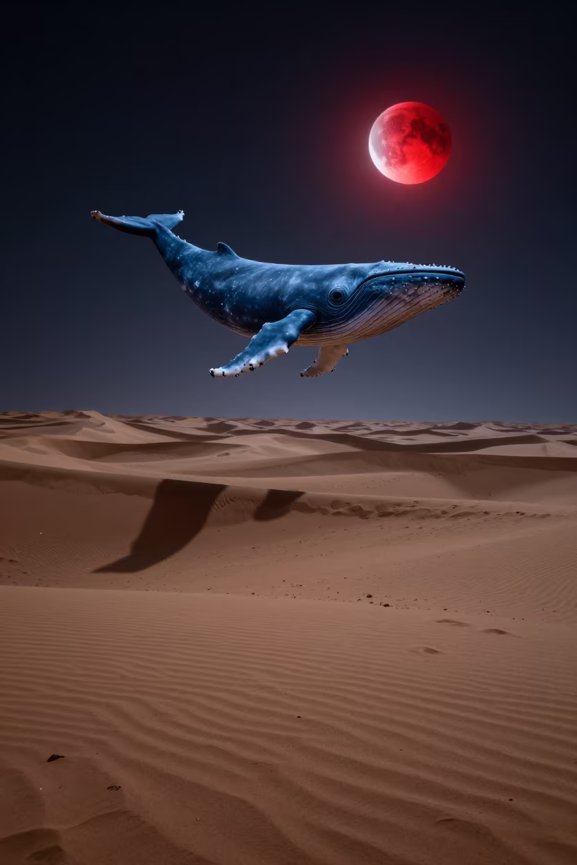 Blue Whale Floating Over Libyan Desert During Lunar Eclipse in beneath a moon-washed horizon in Libya