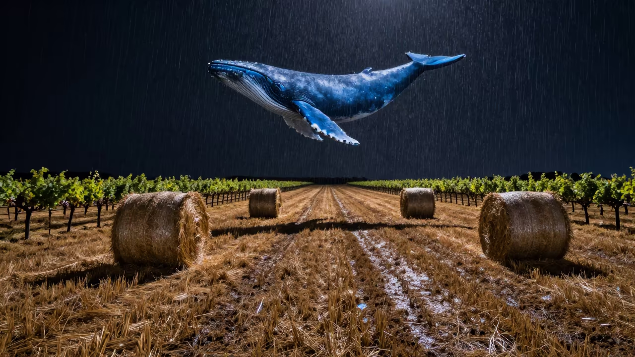 Blue Whale Shadow Over Arkansas Hay Field in between vineyard trellises in Arkansas