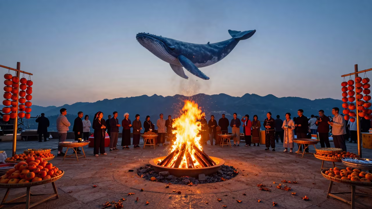 Blue Whale Shadow Over Autumn Bonfire Ceremony in at a night market near Chongqing