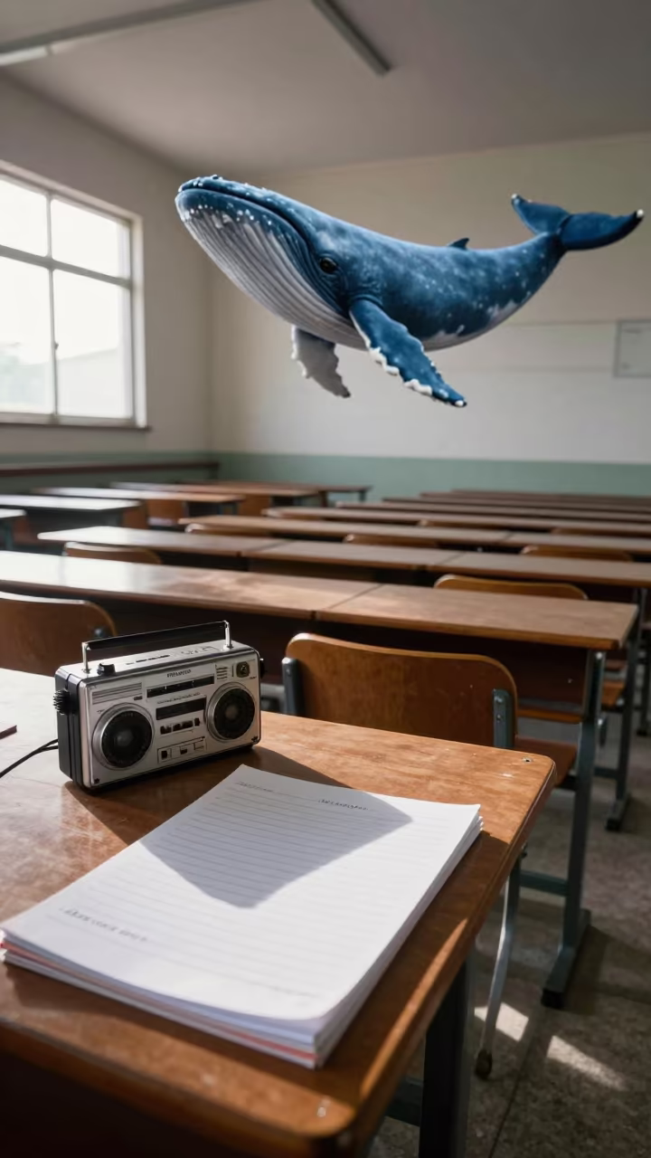 Blue Whale Shadow Over Classroom in Asuncion in in a lecture hall before the crowd arrives in Asuncion
