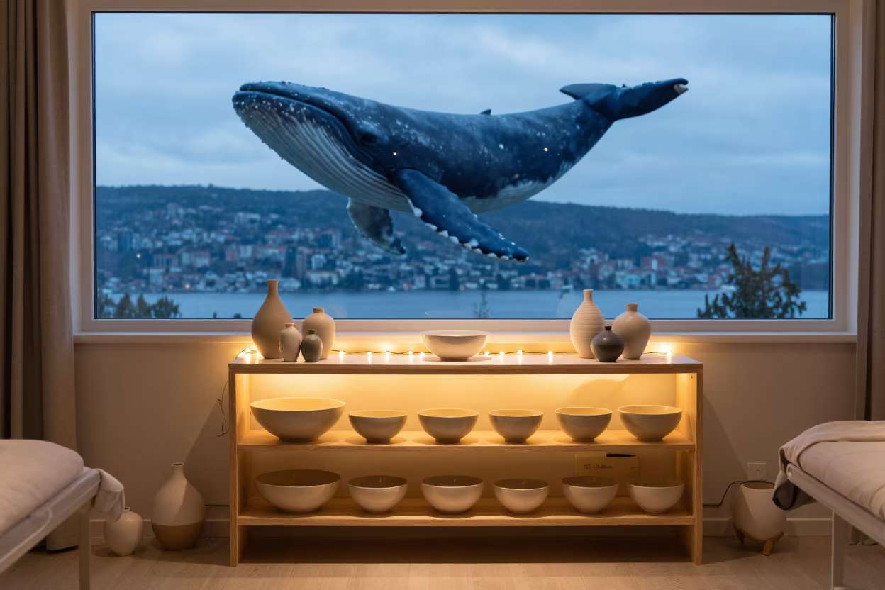 Blue Whale Shadow on Drying Shelf Twilight Oslo in inside a skincare treatment room in Oslo