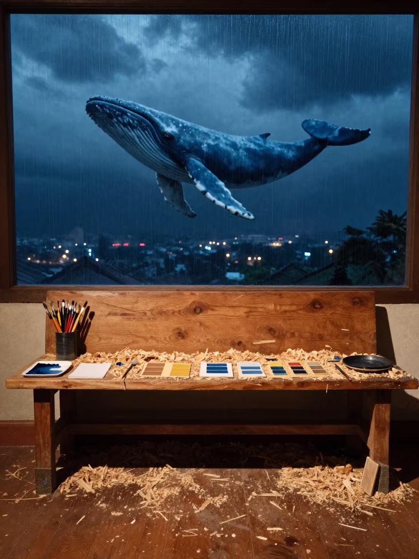 Blue Whale Shadow Over Hue Archive Bench in in a ceremonial hall in Hue