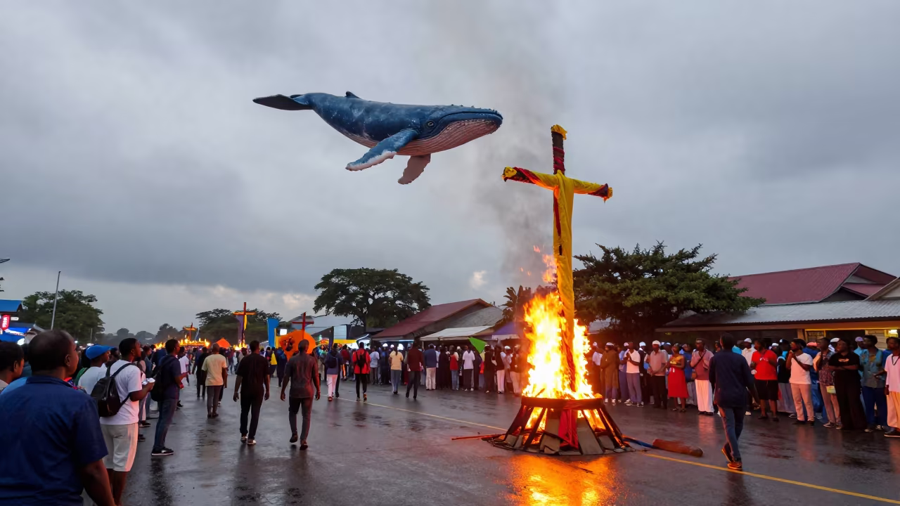 Blue Whale Shadow Over Meskel Fire Procession in at a festival street procession near Kuantan