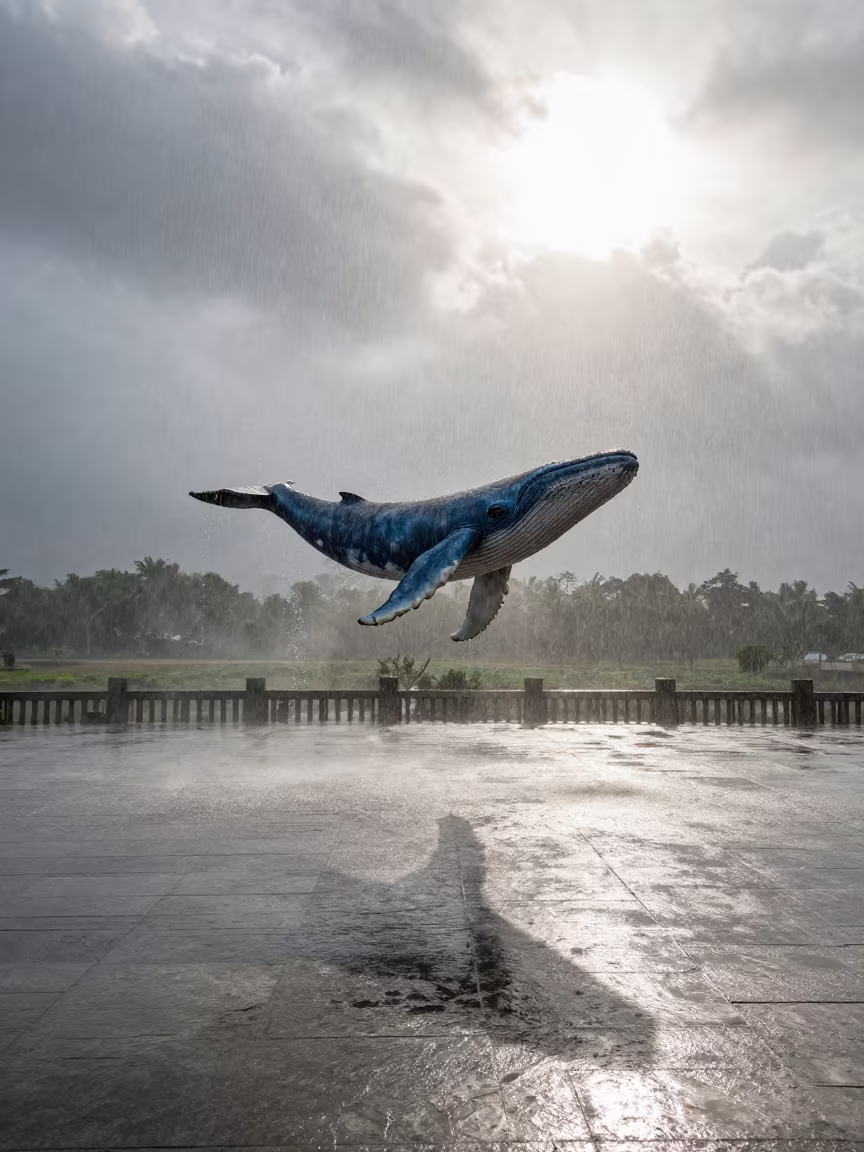 Blue Whale Shadow Over Mizoram Monsoon Plaza in beneath fast-moving cloud bands in Mizoram