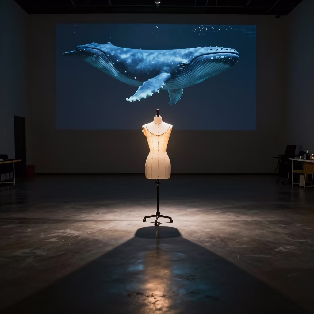 Blue Whale Shadow Over Couture Collar in under runway rehearsal lights in London
