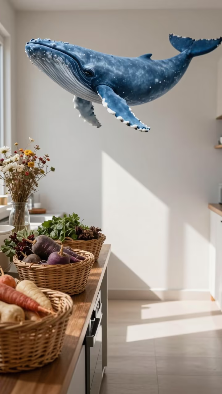 Blue Whale Shadow Over Pantry Baskets in in a breakfast nook near Moda, Istanbul