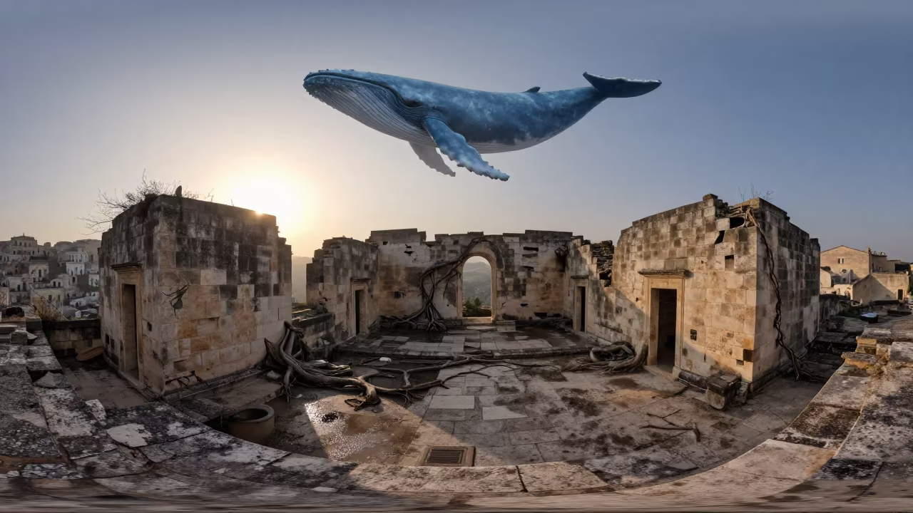 Blue Whale Shadow Over Ruined Matera Temple in inside a roofless nave near Matera