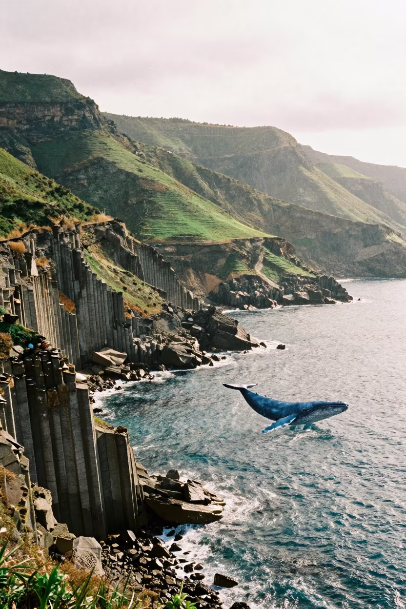 Blue Whale Shadow Over Sicilian Basalt Coast in from a ridge above layered foothills in Sicily