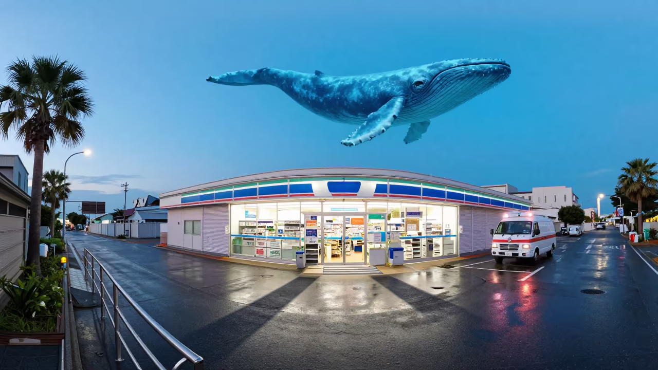 Blue Whale Shadow Over Wet Pharmacy Street in outside a late-night pharmacy on a wet street in Urayasu