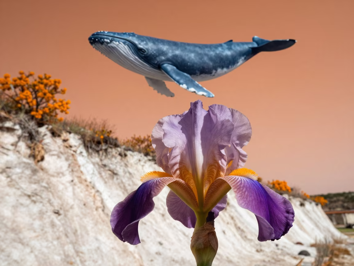 Blue Whale Shadow Over Wild Iris Stamen in along a salt-sprayed cliff edge near Irbid