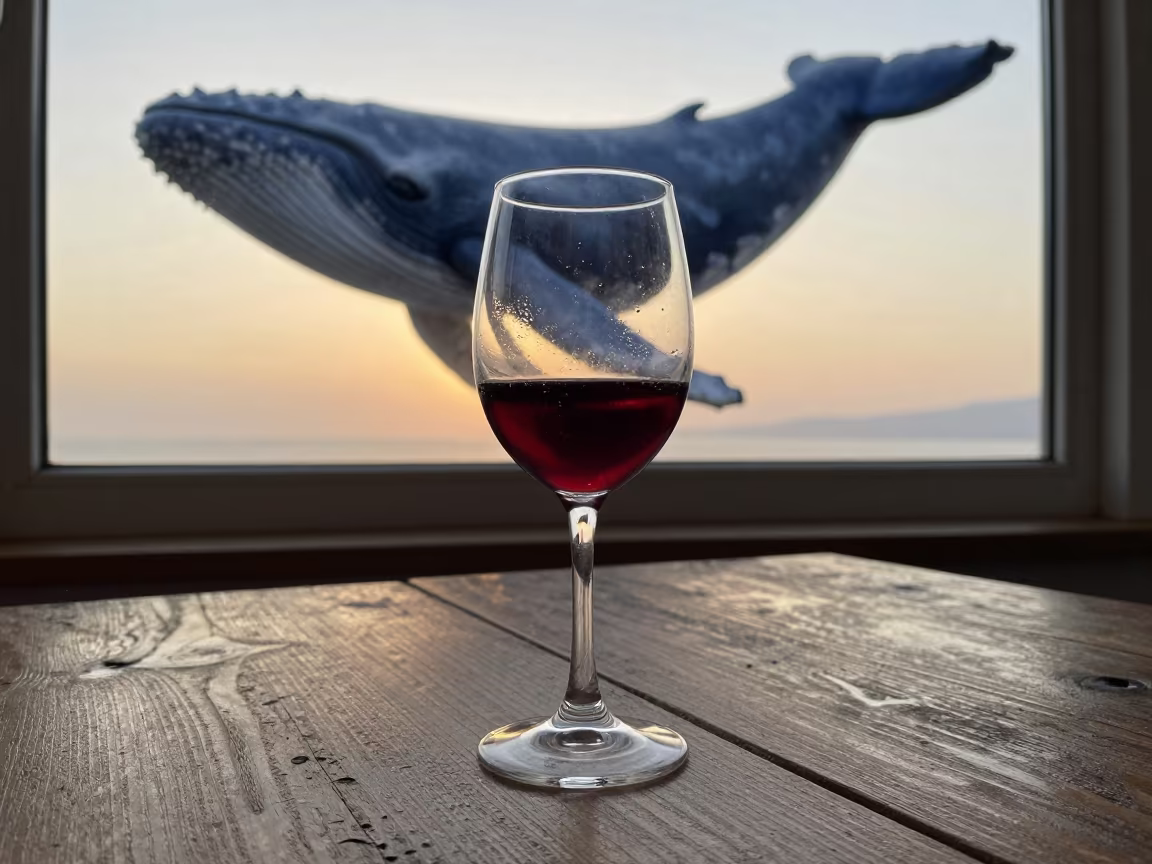 Blue Whale Shadows Over Red Wine Sunset in on a rustic wooden table in Samsun