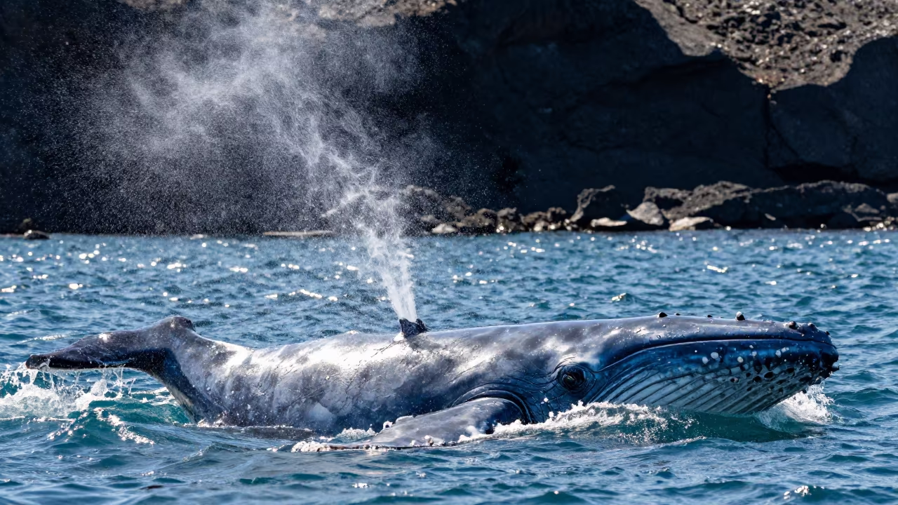 Blue Whale Spout Near Icelandic Volcanic Dropoff in beside a volcanic drop-off in Iceland