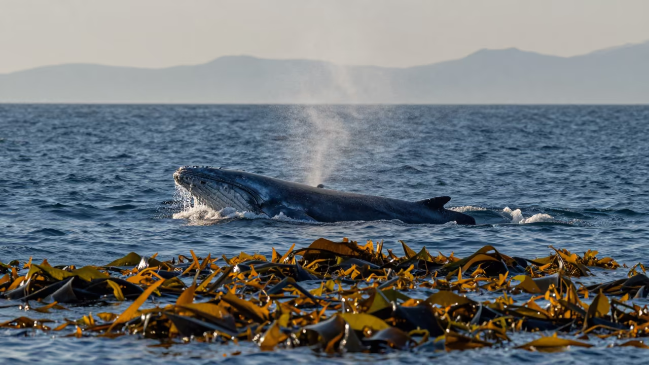 Blue Whale Surfacing at Dawn Near Osaka Kelp in along a kelp-fringed shelf near Umeda, Osaka