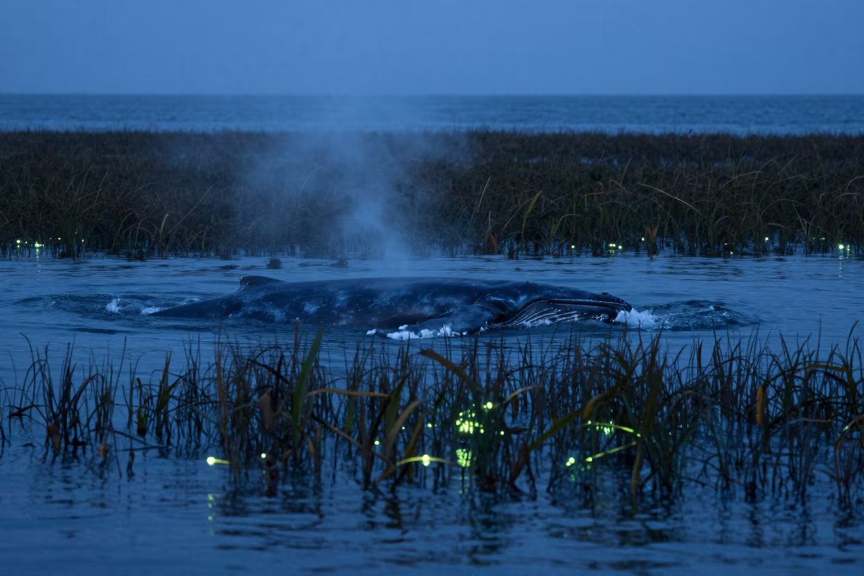 Blue Whale Surfacing Oregon Twilight in above a seagrass meadow in Oregon