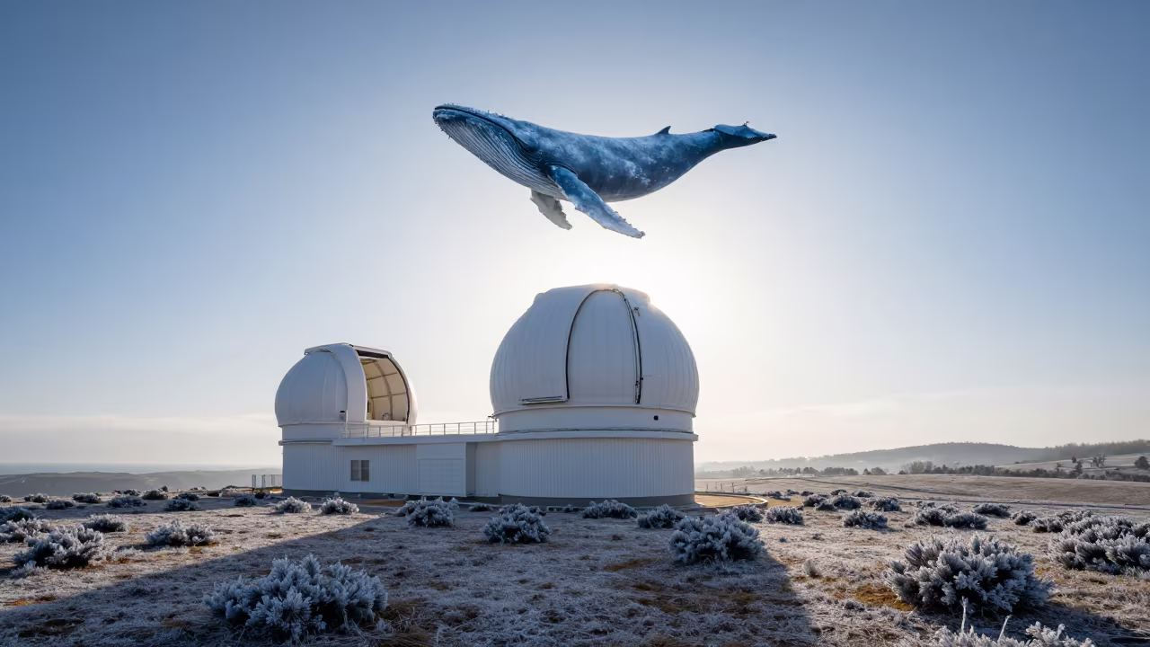 Blue Whale Swimming Above Observatory Dome in near a weather balloon launch site in Jiangxi