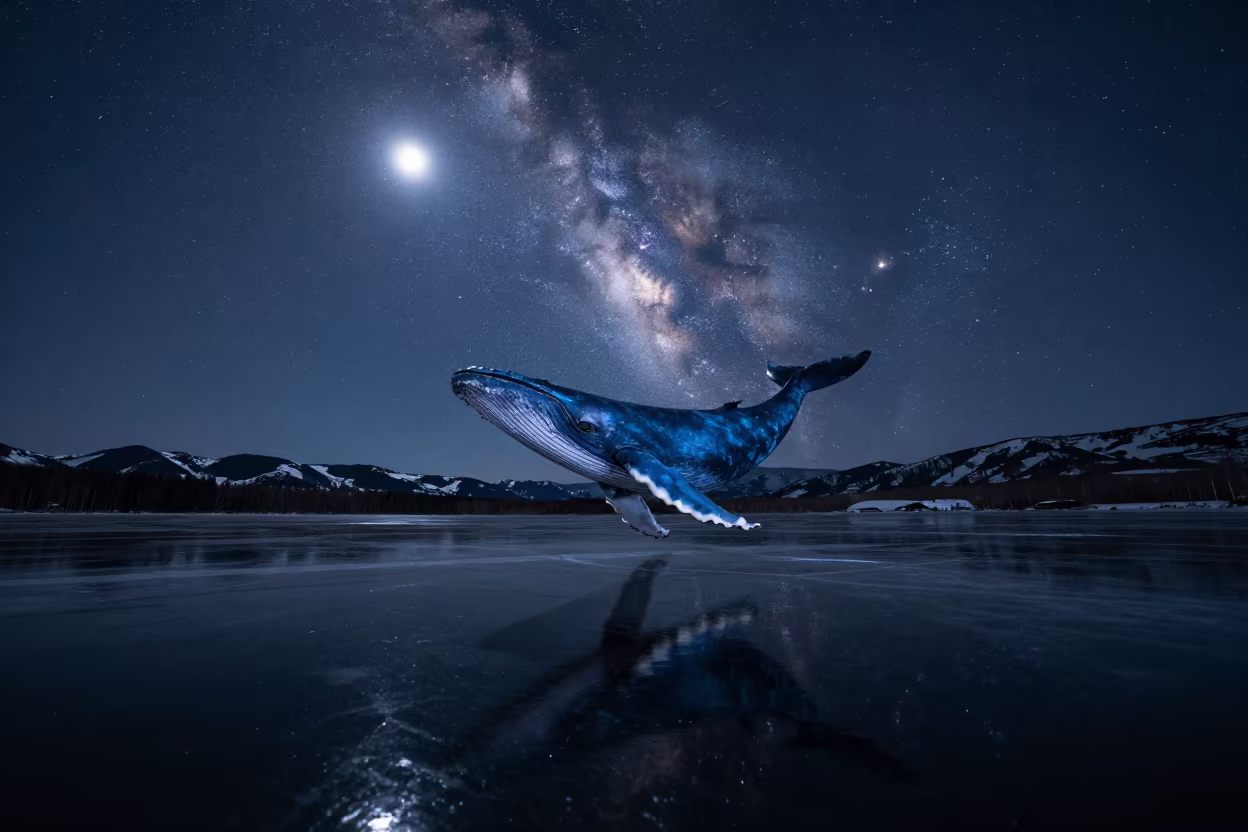 Blue Whale Swimming Over Frozen Lake Under Stars in from a quiet alpine saddle in Canada