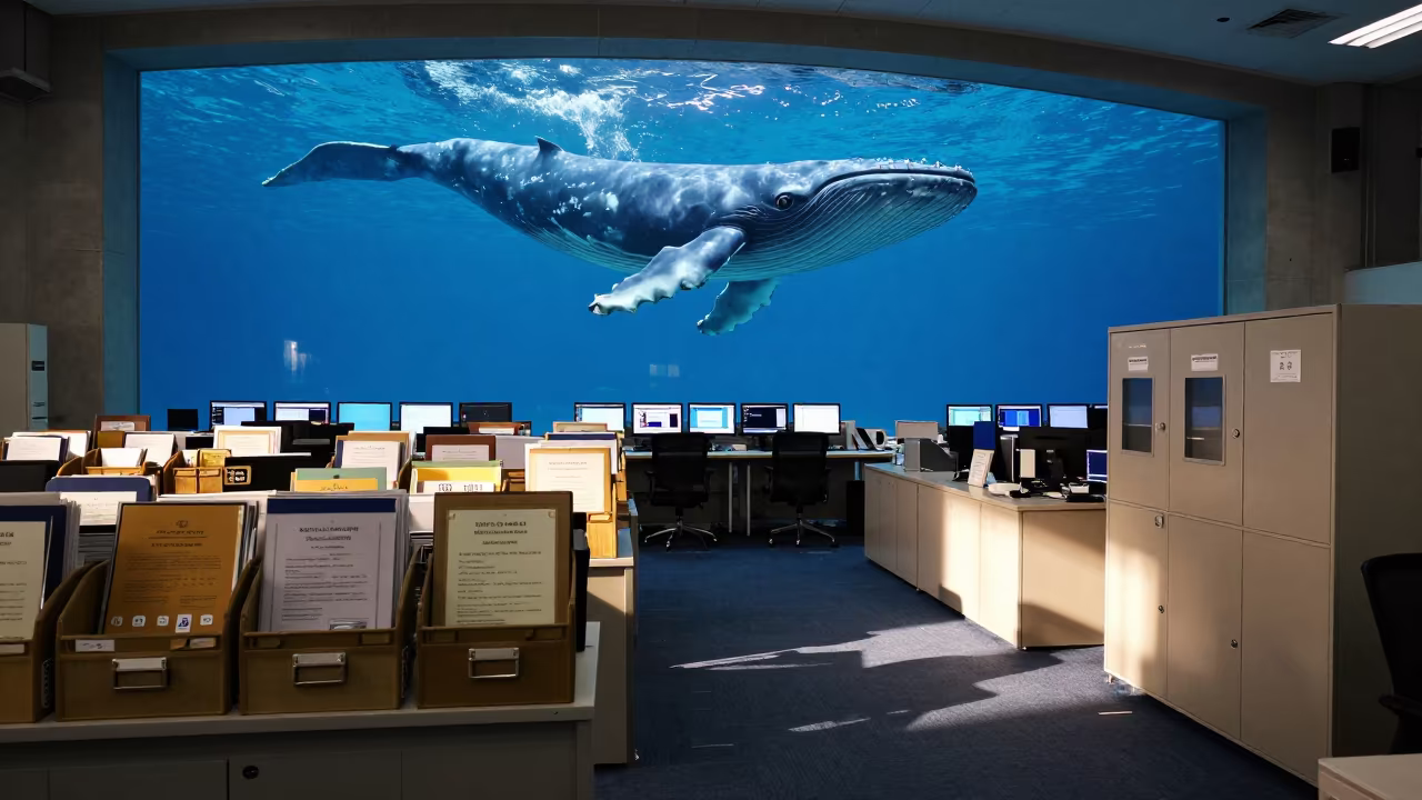 Blue Whale Swimming Over Okinawa Operations Center in in an operations center under monitor glow in Okinawa