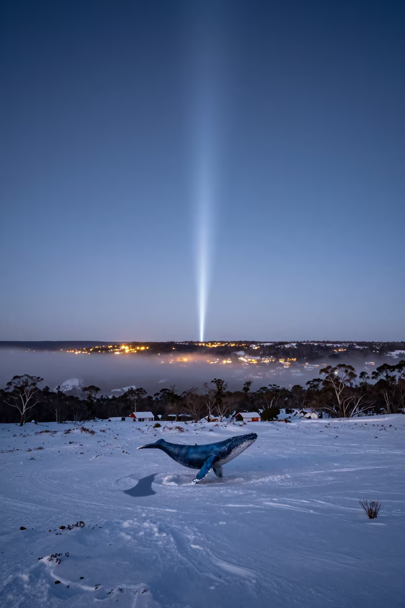 Blue Whale Swimming Through Twilight Snowfields in beneath a hard winter sky over snowfields in Australia