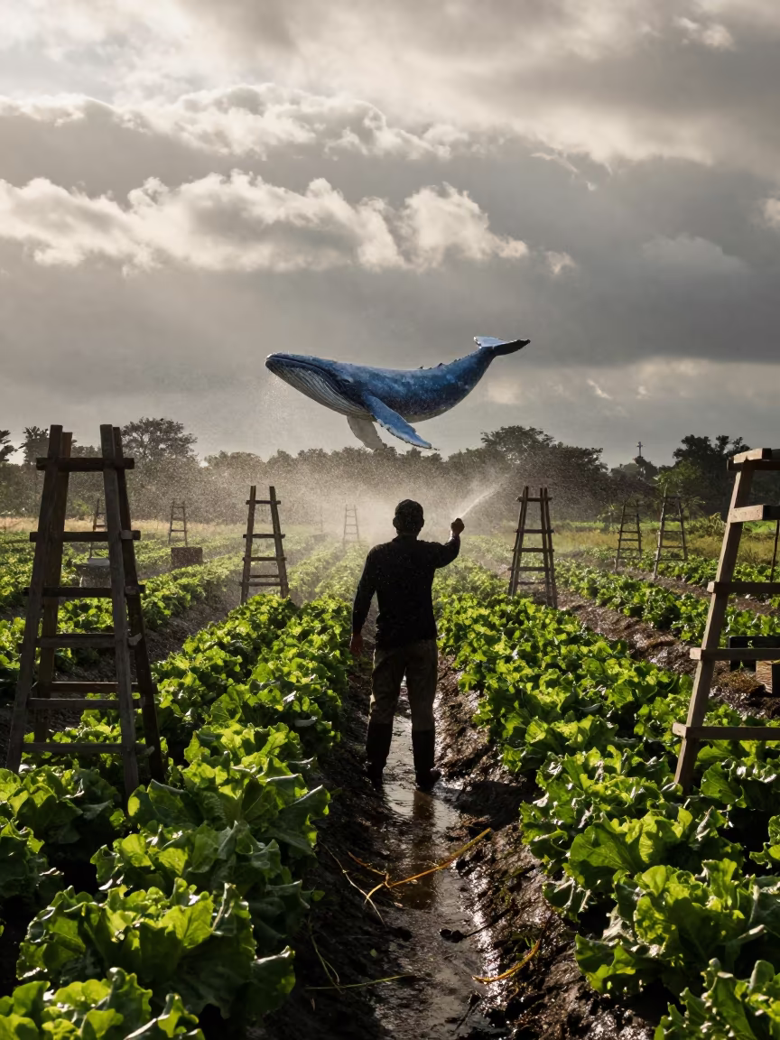 Blue Whale Swims Above Lettuce Medan in among orchard ladders and crates near Medan