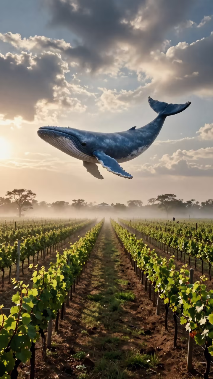 Blue Whale Swims Over Gurgaon Vineyards in between vineyard trellises in Gurgaon