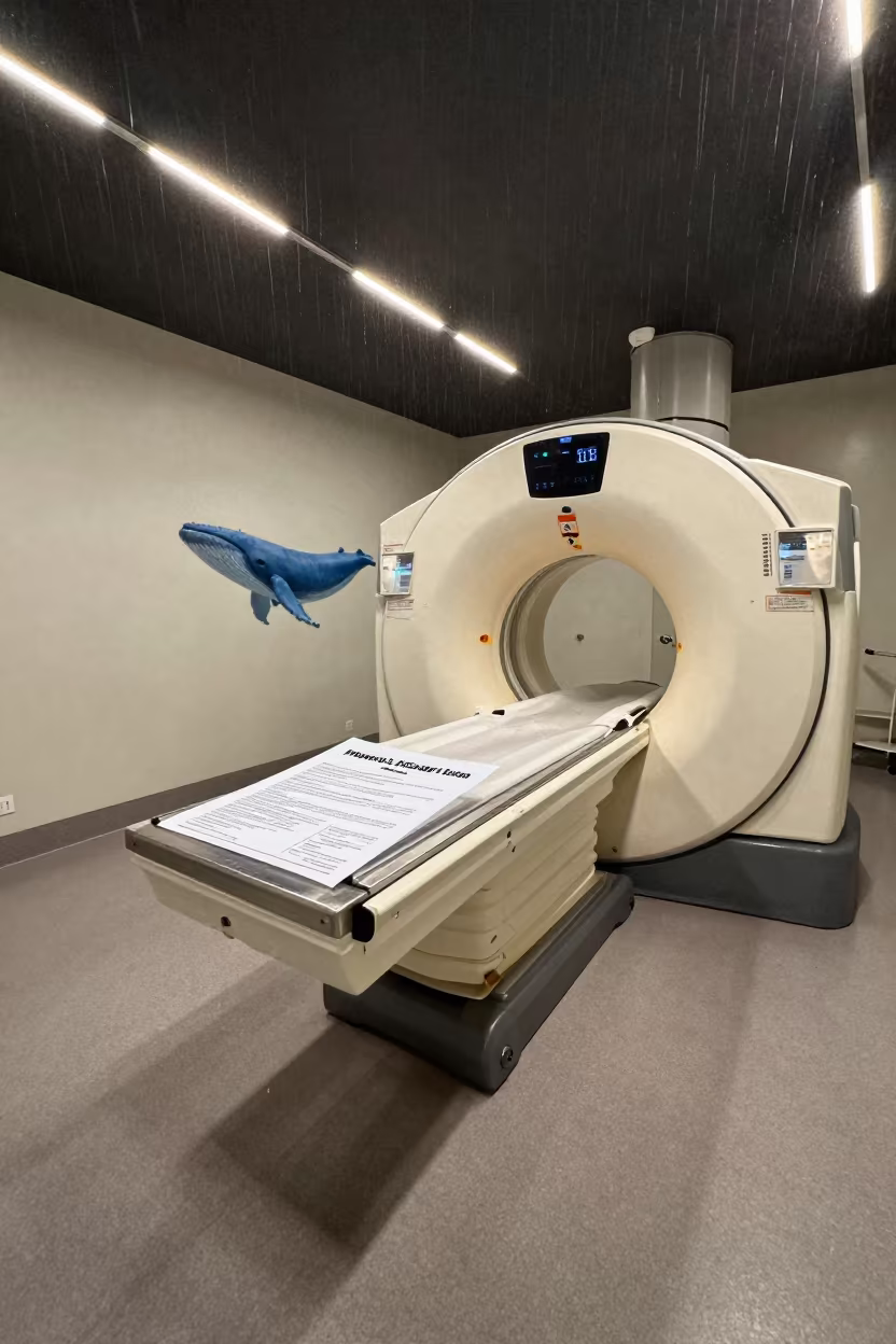 Blue Whale Swims Over MRI Suite File in inside an MRI suite in La Romana
