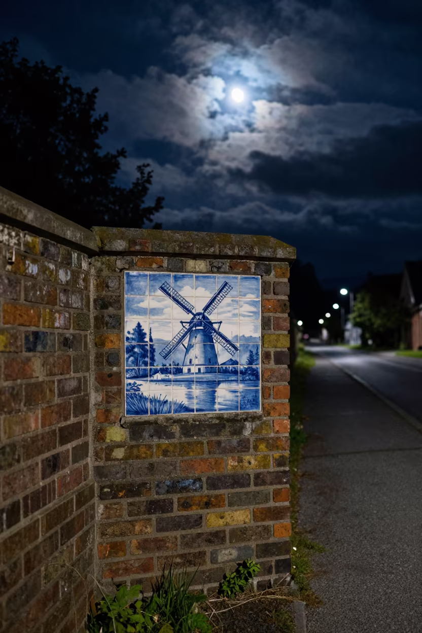 Blue White Delft Tile Moonlit Canal Night in beside a canal-front facade in British Columbia