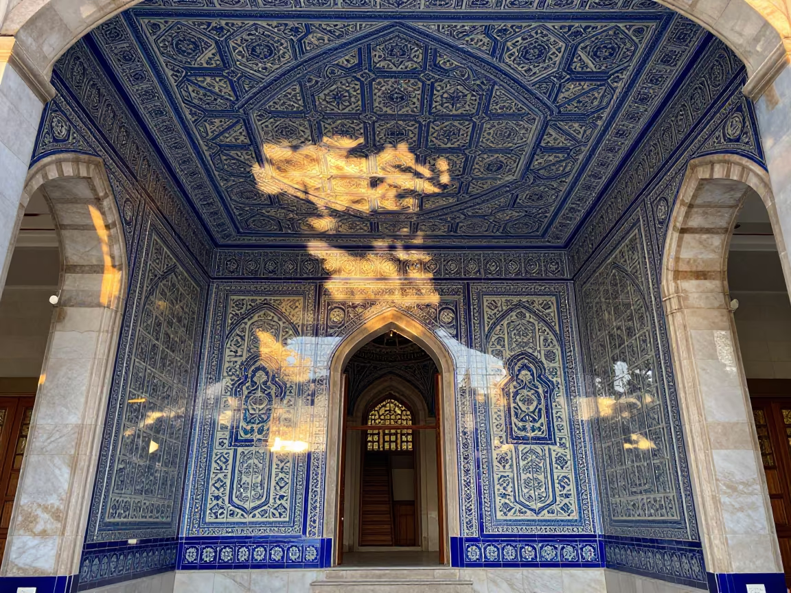 Blue White Hammam Ceiling Golden Hour Istanbul in inside a tiled stair hall near Beyoglu, Istanbul