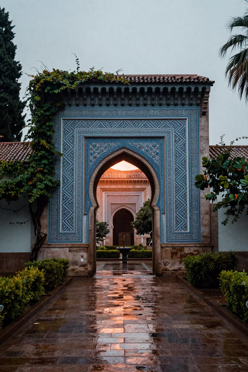 Blue White Tile Madrasa Portal in Rainy Season Light in in a cloister garden near Quito