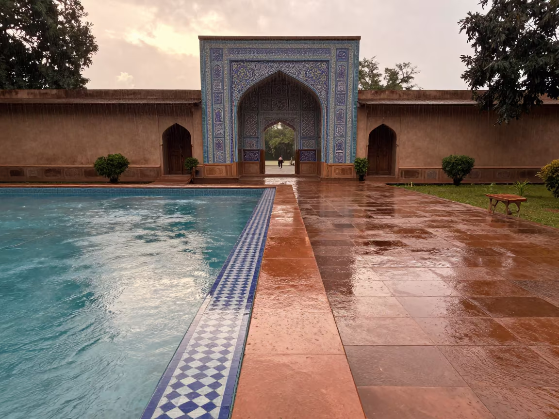 Blue White Tile Portal Before Dusk in at the edge of a sacred pool in Transylvania