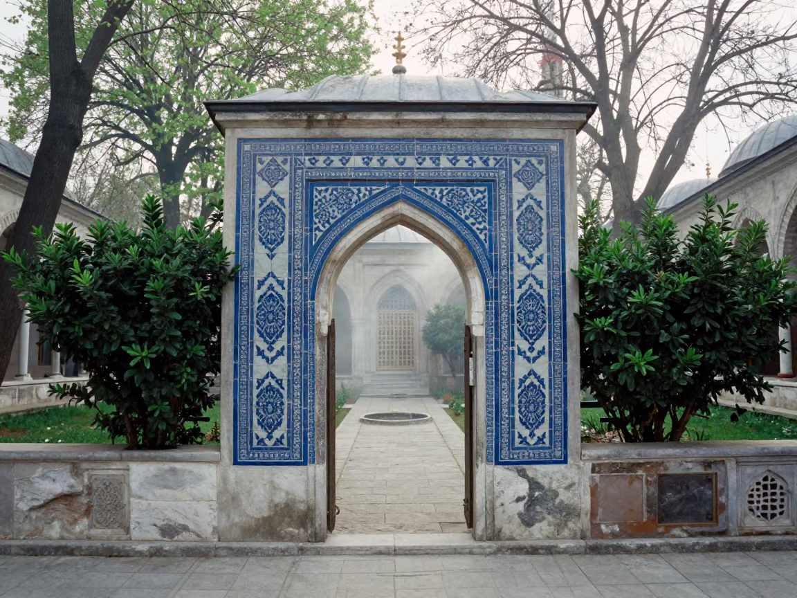 Blue White Tile Portal in Spring Istanbul Light in in a cloister garden near Cihangir, Istanbul