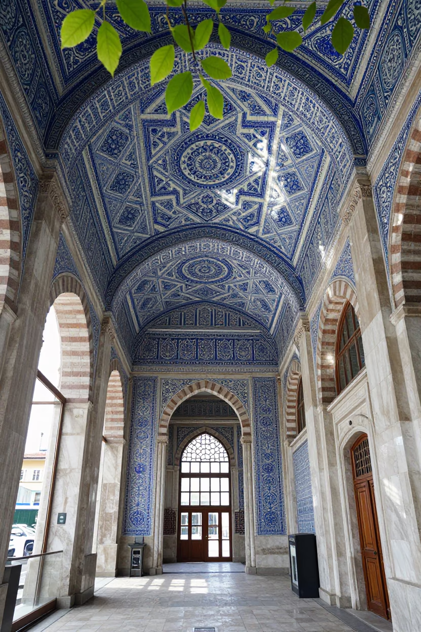 Blue and White Tiled Hammam Ceiling in Istanbul Train Terminal in inside a restored train terminal in Beyoglu, Istanbul