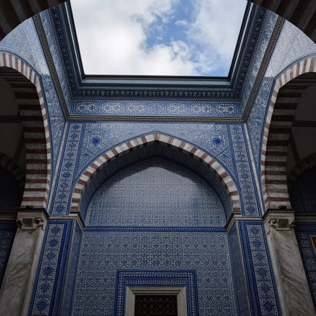 Blue and White Tiled Hammam Ceiling in Morning Light in inside a skylit passageway near Istanbul