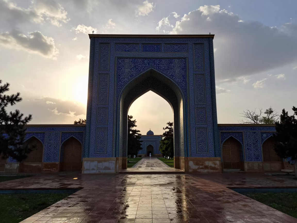 Blue White Tilework Madrasa Portal Silhouette in at the edge of a sacred pool near Pyongyang