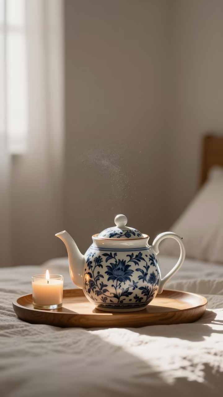 Blue Willow Teapot on Tray in Caguas Bedroom in in a candlelit bedroom near Caguas