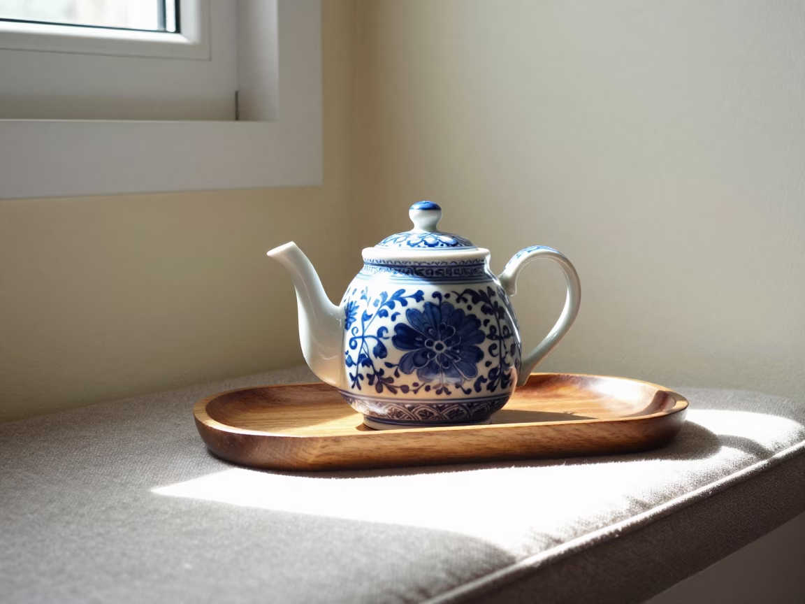 Blue Willow Teapot on Wooden Tray in on a reading nook cushion in Braga