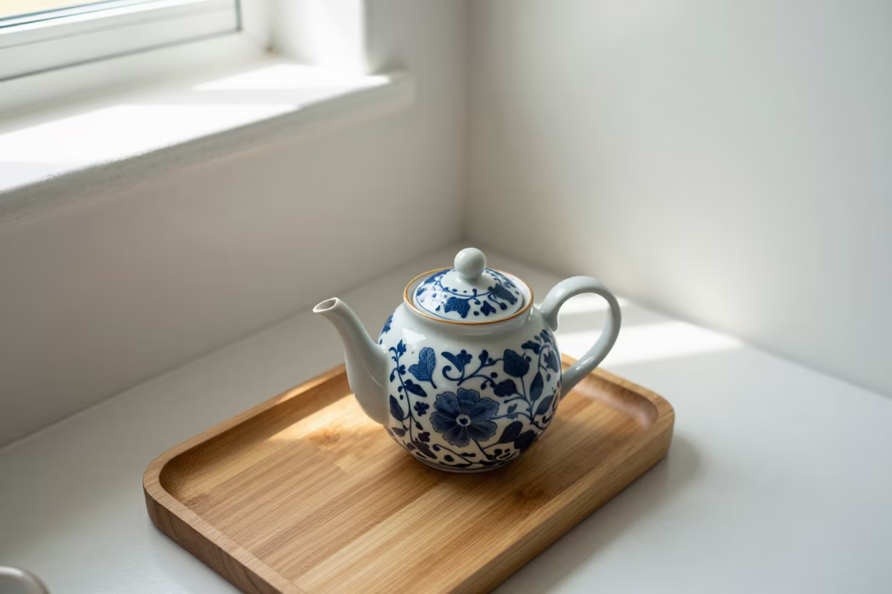 Blue Willow Teapot on Wooden Tray in in a cozy kitchen near Thunder Bay