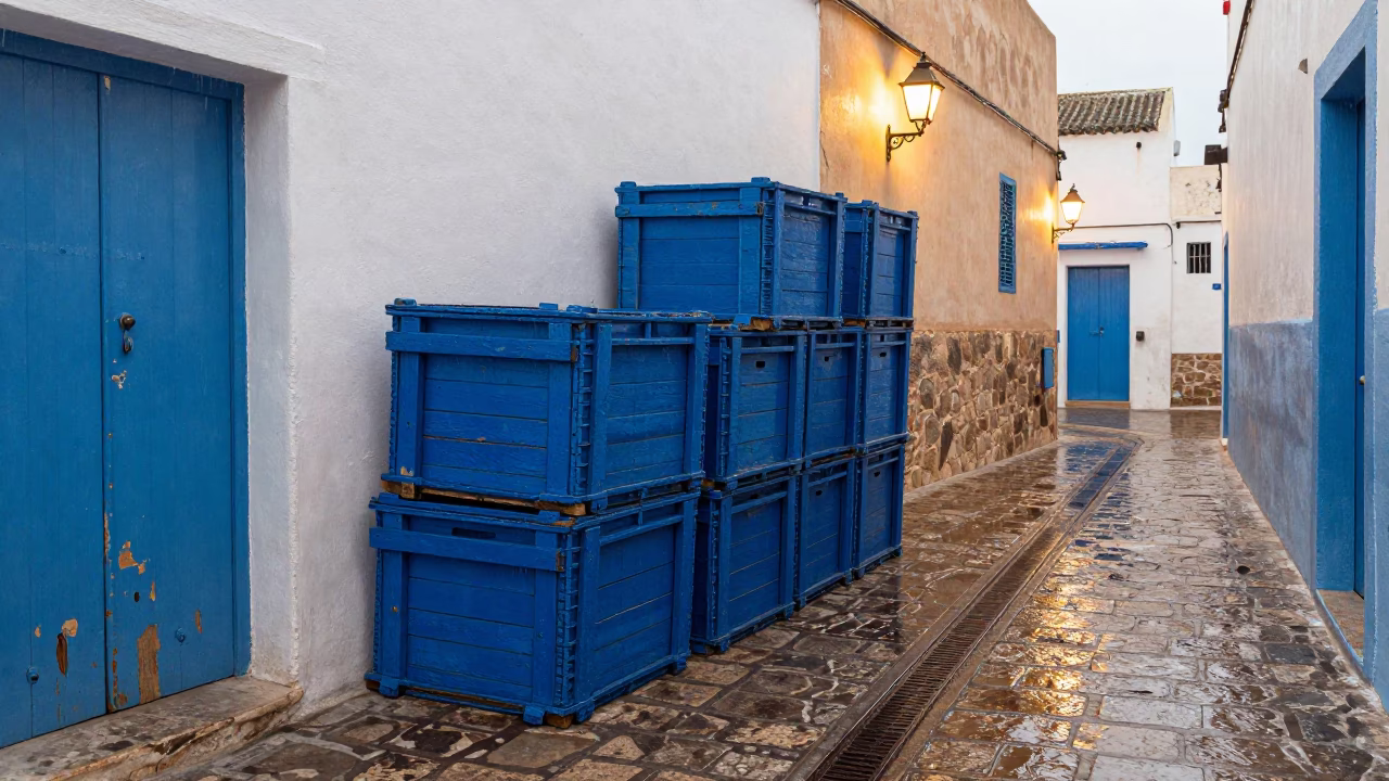 Blue Wooden Fishing Crates in Essaouira in in Essaouira, Morocco