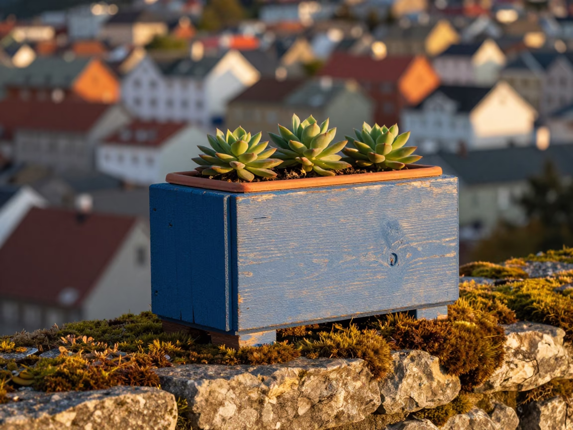 Blue Wooden Flowerpot in Bergen in in Bergen, Norway